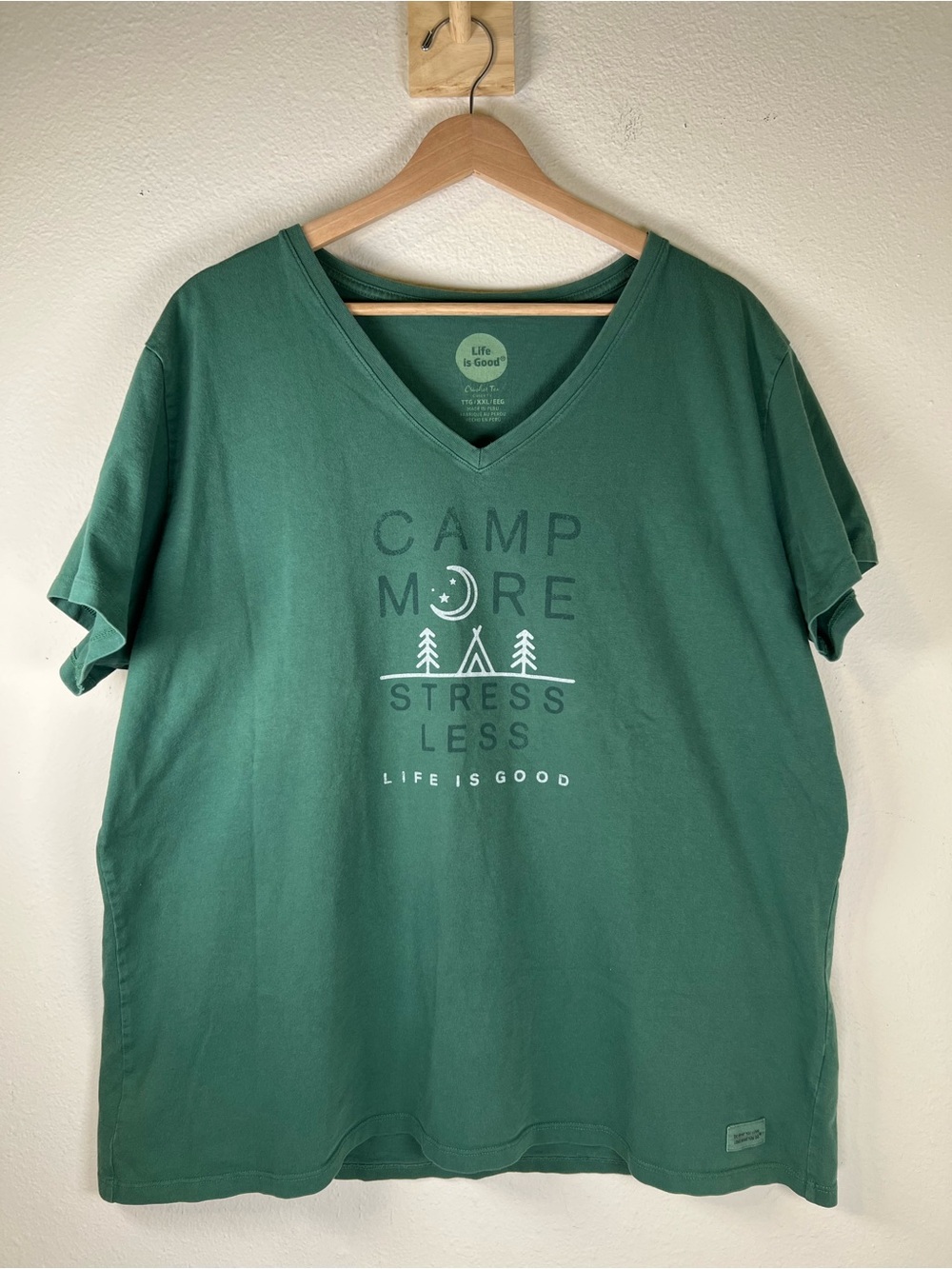 Life Is Good Women's V-Neck Tee - Forest Green 'Camp More, Stress Less' XXL